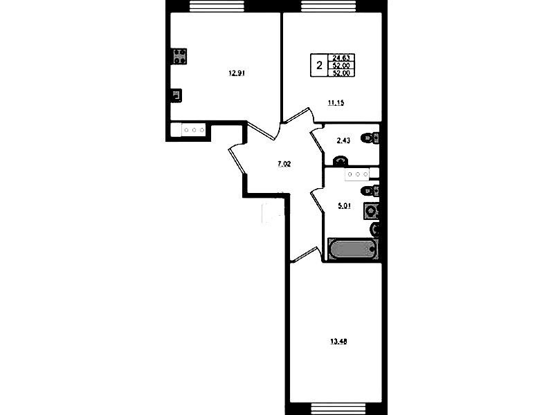 2-комнатная квартира 52 м², 2/5 эт., ЖК «Plus Пулковский»